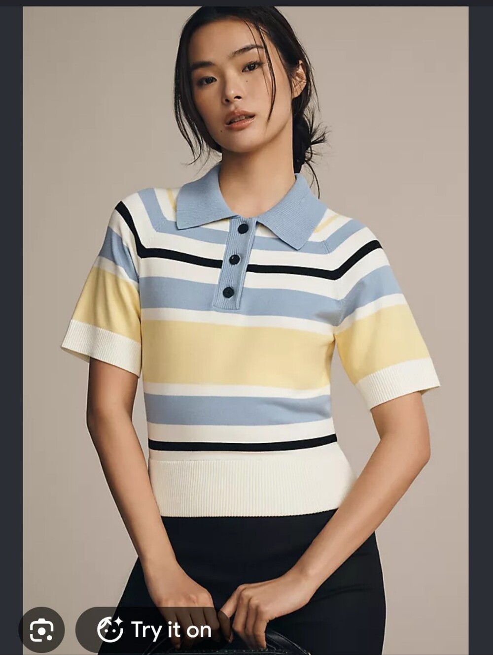 Aligne Anthropologie Emmet Short-Sleeve Striped Polo Top in Pastel Blue & Yellow
